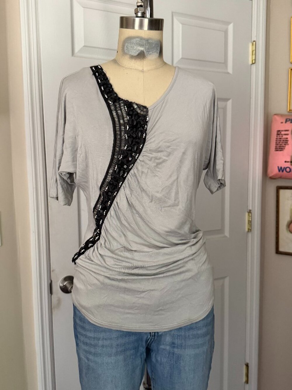 MCM Gray Rayon Y2K Draped ruched Sequined BEADED Stretch Top shirt *SMALL*